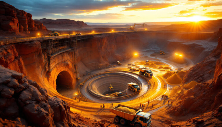 Brightstar Resources Ltd-BTR-Circular mine pit at sunset with trucks and workers, bathed in warm golden light.