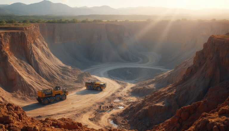 Huge quarry with trucks and workers under a warm sun, surrounded by rugged cliffs and distant hills.