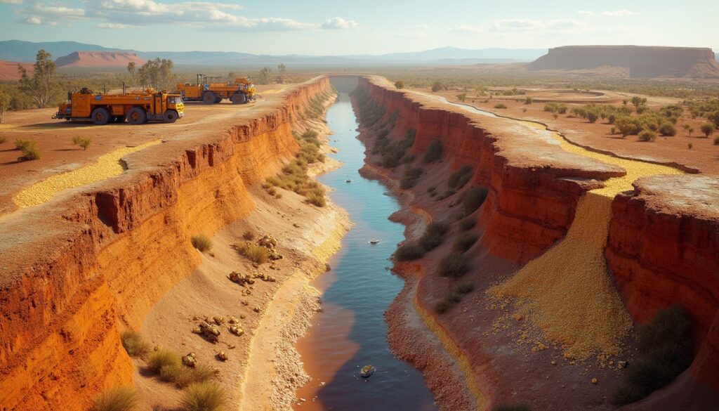 Red desert canyon with trucks, a narrow river flowing through, and rugged terrain under a vast sky.