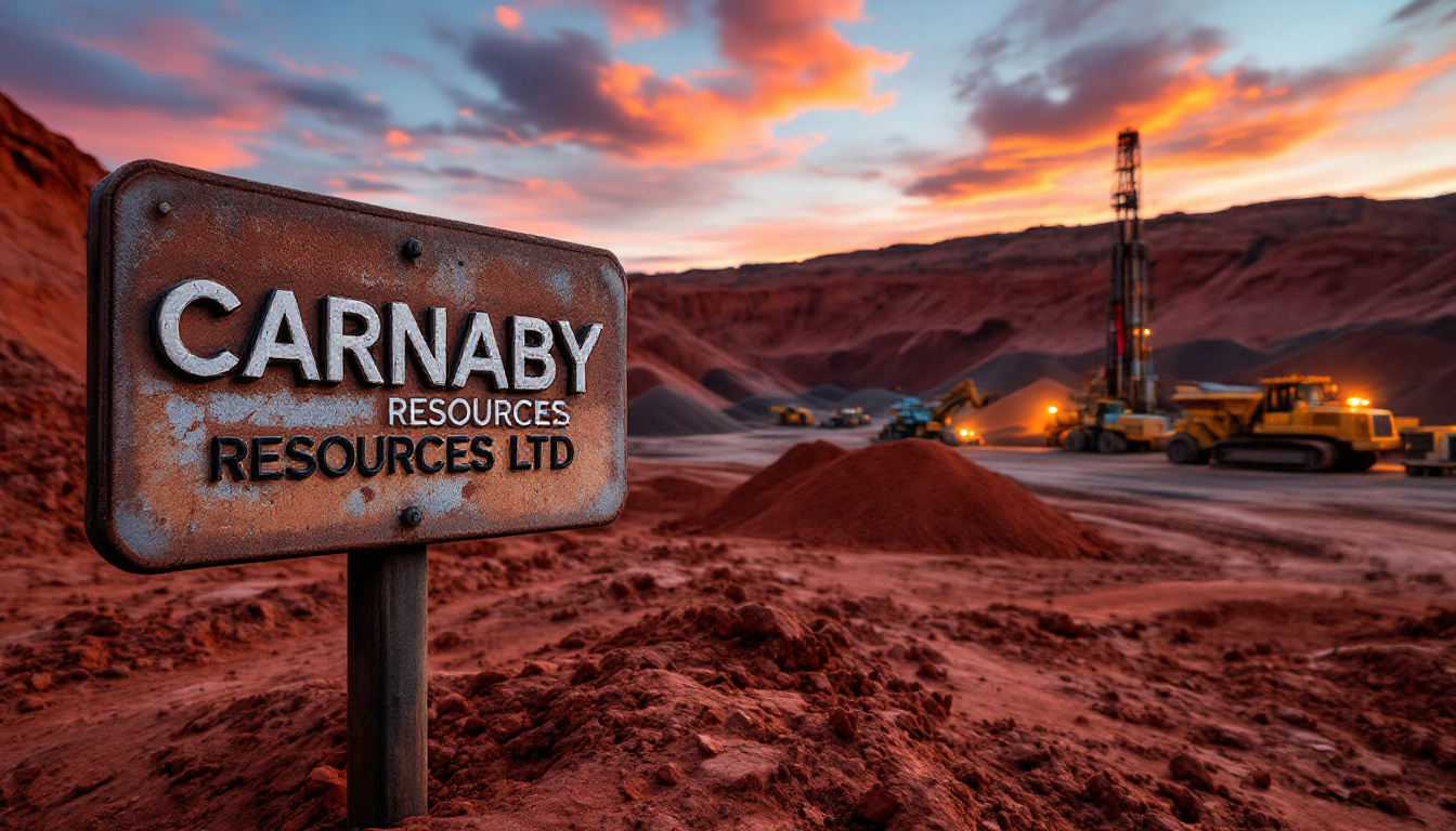 Carnaby Resources Ltd-CNB-Sign for Carnaby Resources Ltd in a dusty mining site at sunset, with heavy machinery in the background.