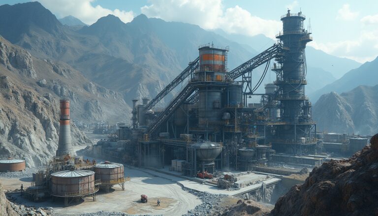 Industrial complex in a mountainous landscape under a clear blue sky.