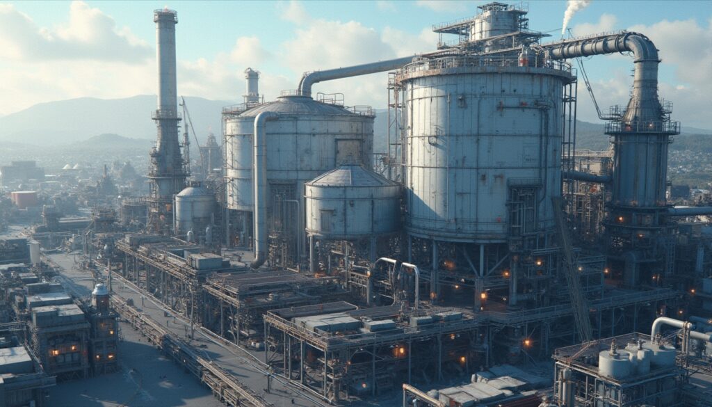 Large industrial refinery with tanks, pipes, and chimneys under a blue sky with scattered clouds.