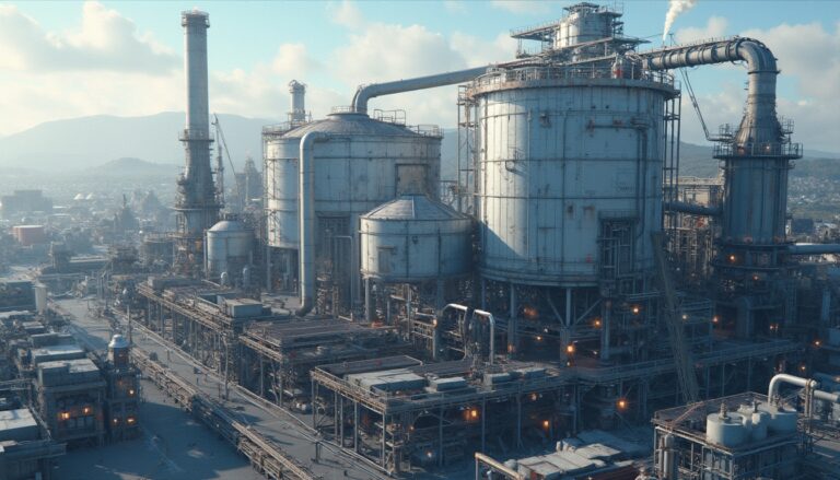 Large industrial refinery with tanks, pipes, and chimneys under a blue sky with scattered clouds.