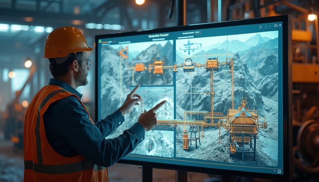 Engineer in helmet uses touchscreen with mining site graphics.