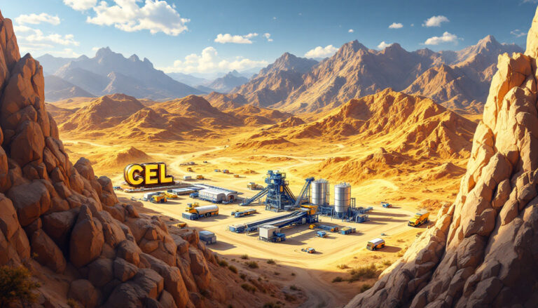 Challenger Gold Ltd-CEL-Desert mining facility with equipment, surrounded by rocky mountains under a clear blue sky.