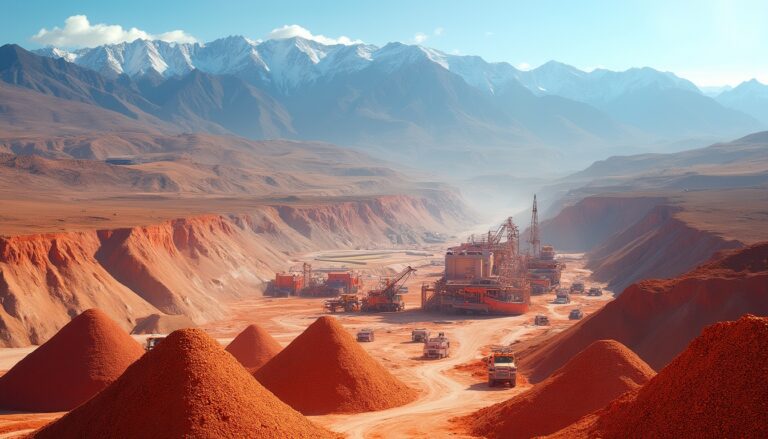 Mining operation in a dusty red valley with snow-capped mountains in the background.