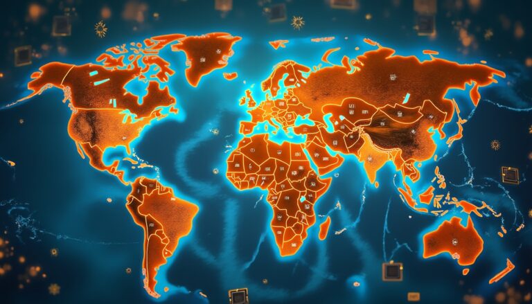 Glowing world map with orange continents on a blue background, featuring digital symbols.