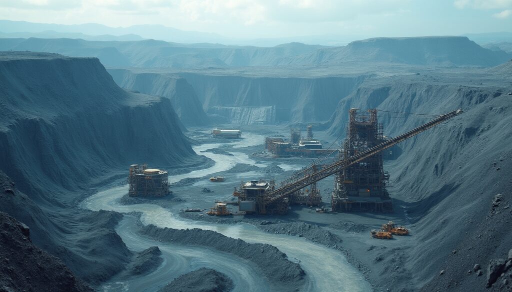 Mining landscape with large machinery, surrounded by steep rock formations under a cloudy sky.