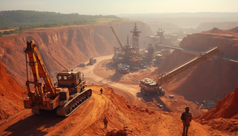 Excavator and workers in a large, red earth mine with expansive mining operation in the background.