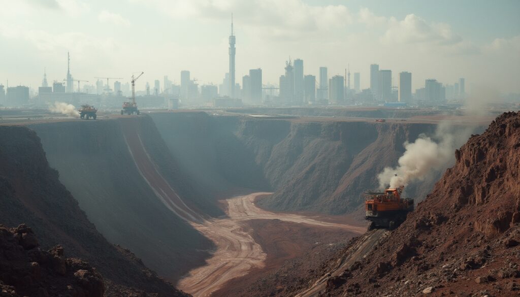 Iron-ore mining trucks in vast quarry