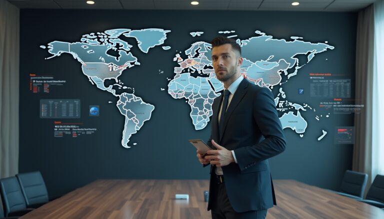 Man in suit holding tablet, standing in front of a world map on a conference room wall.