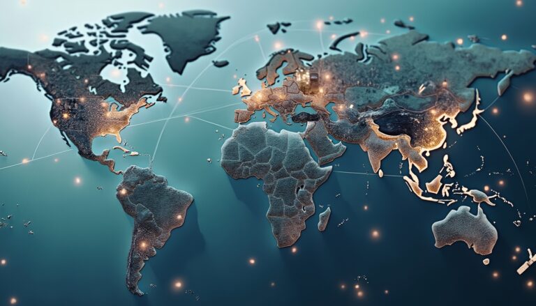 Stylized world map with glowing network connections.