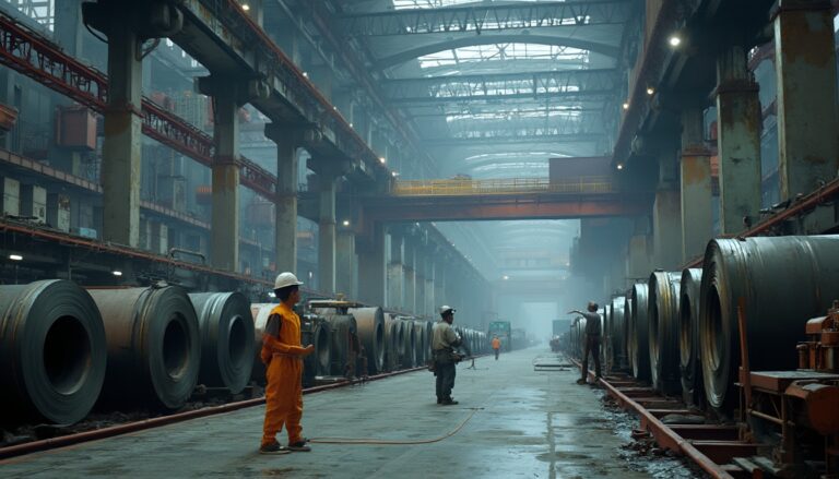 Industrial workers in helmets inspect large metal coils inside a spacious factory warehouse.