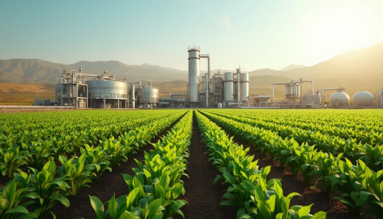 Green crop fields with an industrial factory and mountains in the background under a clear sky.