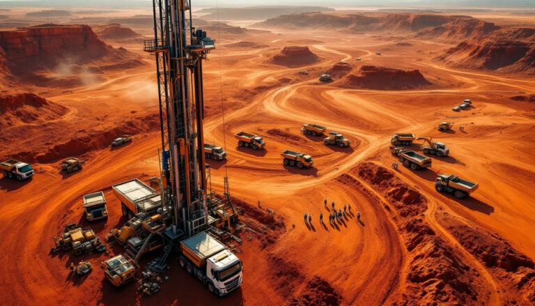 Coda Minerals Ltd-COD-Desert landscape with a large drilling rig surrounded by trucks and workers on red sandy terrain.