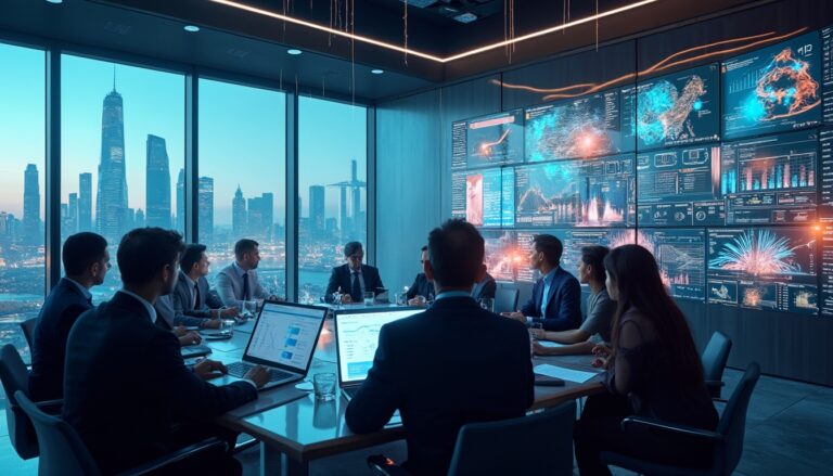 Business meeting in a modern office, data on large screens, city skyline visible through windows.