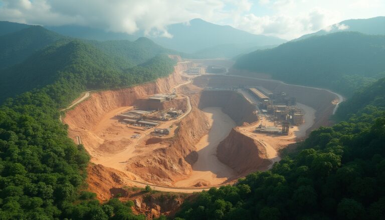 Expansive open-pit mine nestled between lush, green mountains under a cloudy sky.