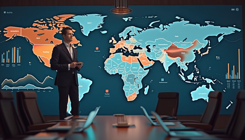 Man presenting in a conference room with a world map and data charts on a large screen.