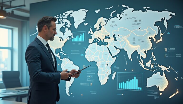 Man in suit viewing world map with data graphics, using a tablet in an office setting.