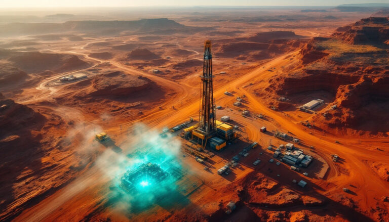 Critica Ltd-CRI-Desert landscape with a tall drilling rig and glowing blue excavation site surrounded by red terrain.