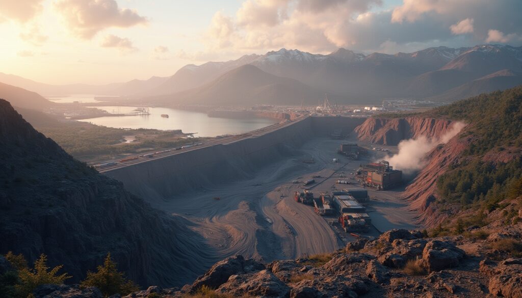 Sunset over a sprawling industrial complex, with mountains and a river in the background.