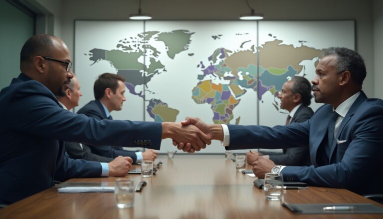 Business meeting handshake with world map background.