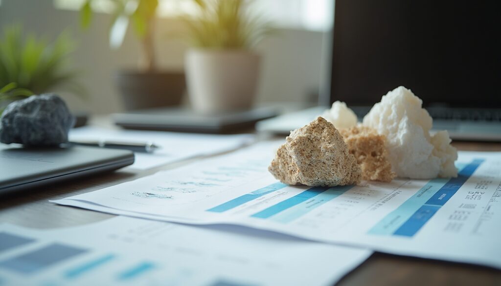 Close-up of rocks on documents with blurry office background.