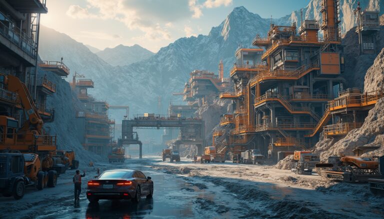 Car parked at a bustling mining site with complex machinery and mountainous backdrop.