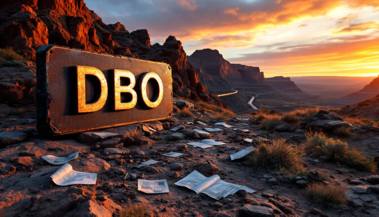 Diablo Resources Ltd-DBO-"DBO" sign in a rocky desert landscape at sunset, with scattered papers on the ground.