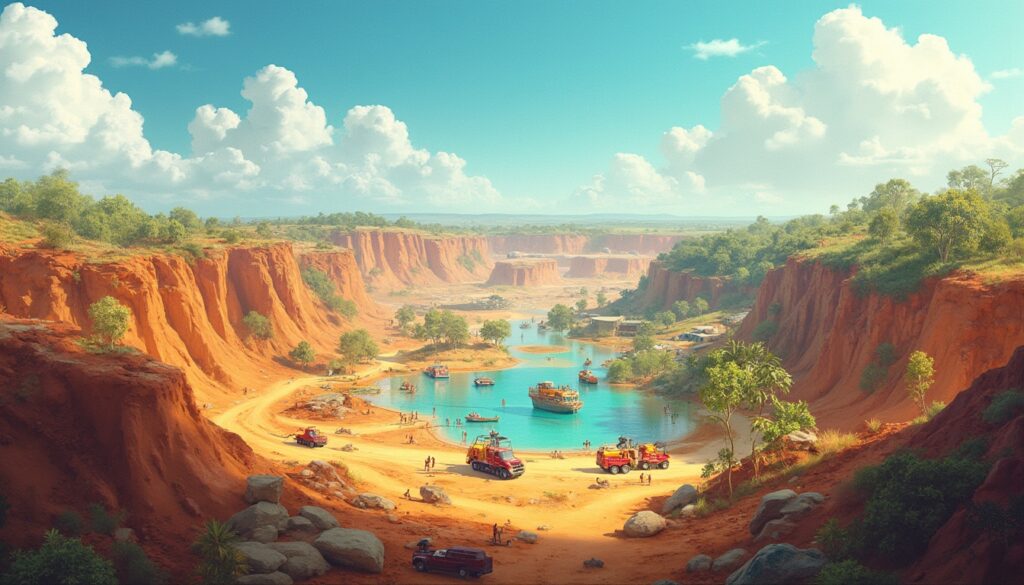 Scenic canyon with turquoise lake, red cliffs, and colorful vehicles.