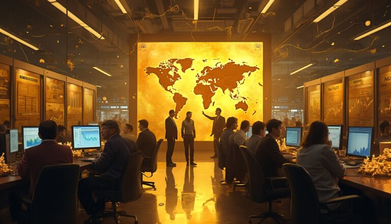 People in a bustling control room analyze data with a large illuminated world map on the wall.