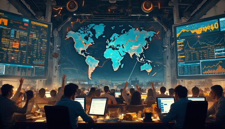 People working in a control room with large screens and a digital world map.