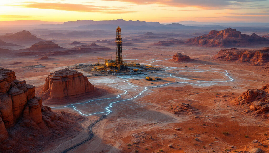 Dreadnought Resources Ltd-DRE-Alien-like desert landscape with a tall industrial structure at sunrise, surrounded by rock formations.