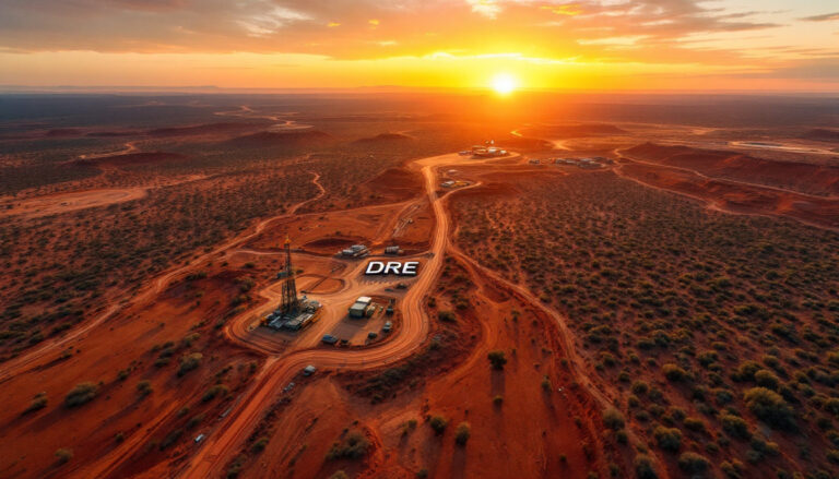 Dreadnought Resources Ltd-DRE-Aerial view of a desert oil drilling site at sunset, with vibrant orange and red terrain.