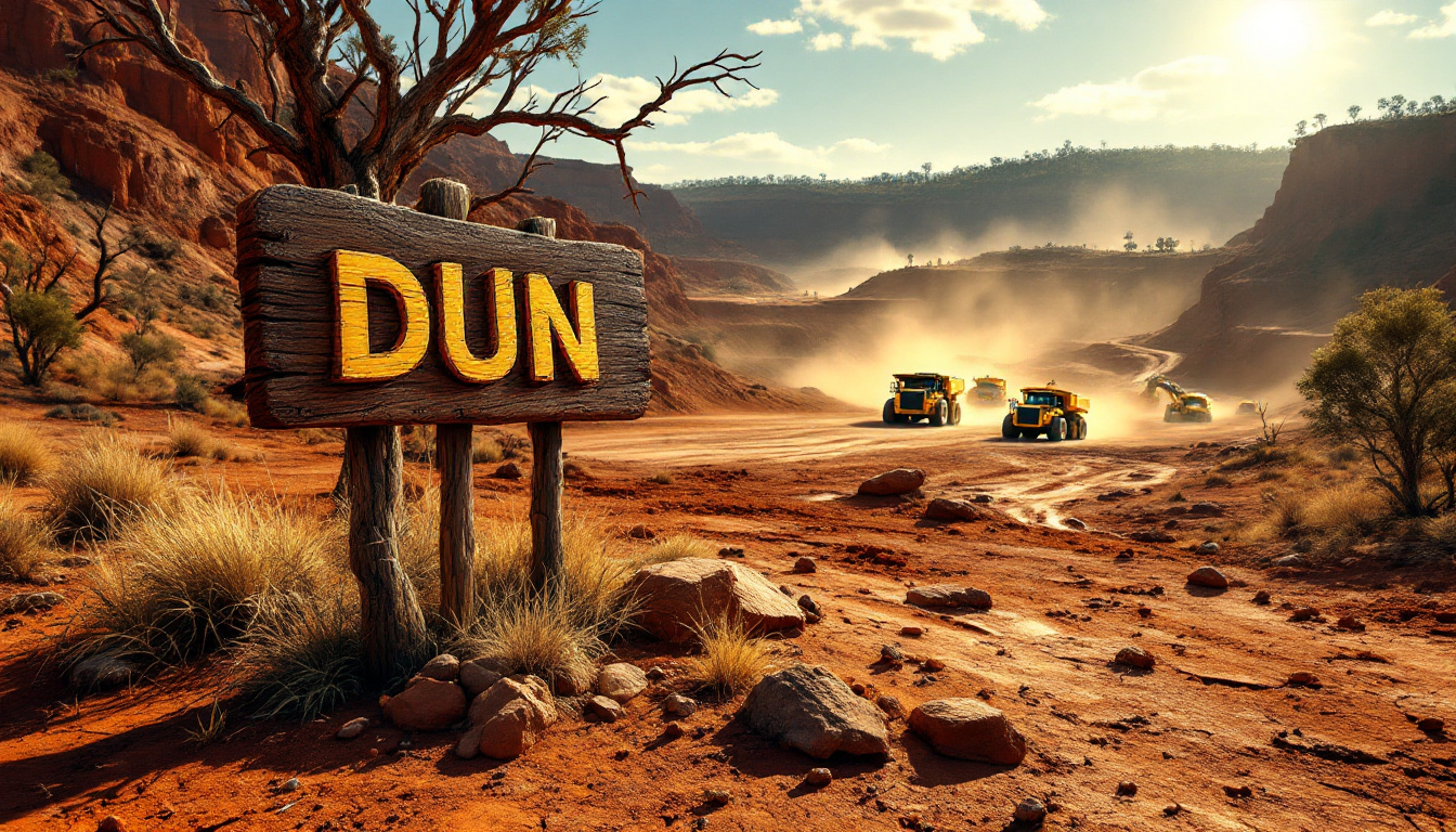 Dundas Minerals Ltd-DUN-Wooden "DUN" sign with dirt road and trucks in a dusty desert landscape.