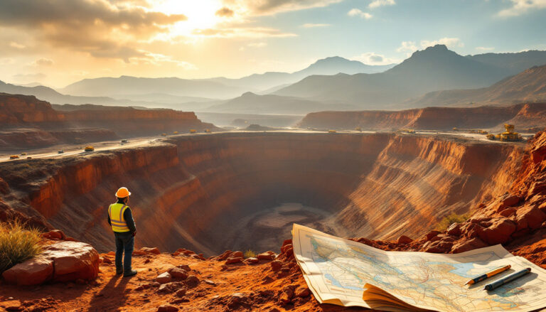 E79 Gold Mines Ltd-E79-Worker overlooks a large mining pit with scattered machinery, maps, and a scenic mountain backdrop.