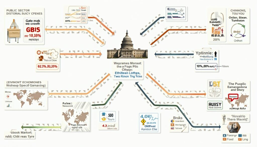 Infographic with arrows, charts, and text around a central building, possibly representing government data.