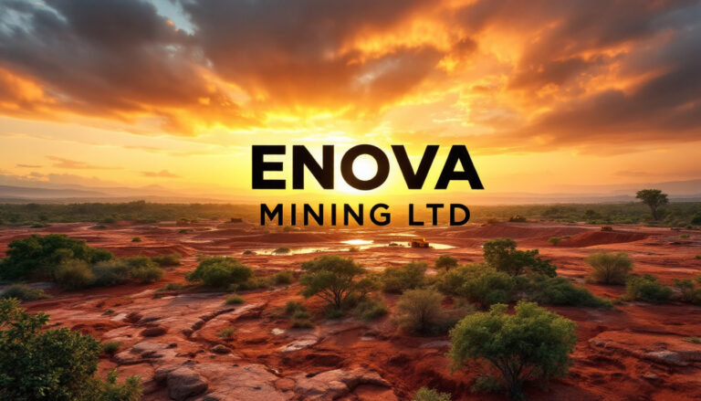 Enova Mining Ltd-ENV-Sunset over a red-earth landscape with "ENOVA MINING LTD" text in bold black.