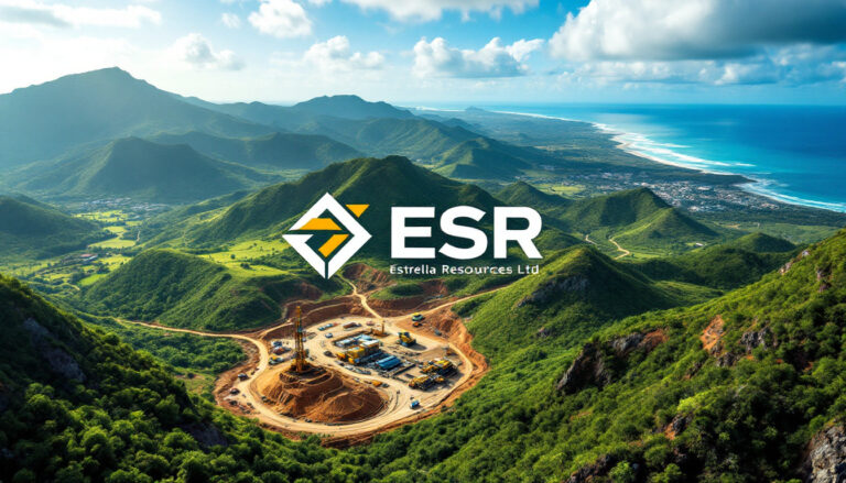 Estrella Resources Ltd-ESR-Mountainous landscape with a drilling site and the Estrella Resources Ltd (ESR) logo in the foreground.