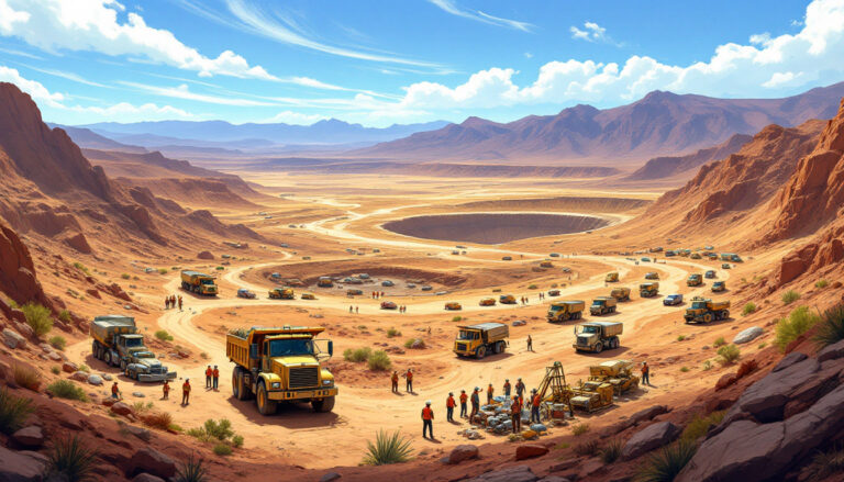 EV Resources Ltd-EVR-Desert excavation site with trucks, people, and rocky mountains in the background under a blue sky.