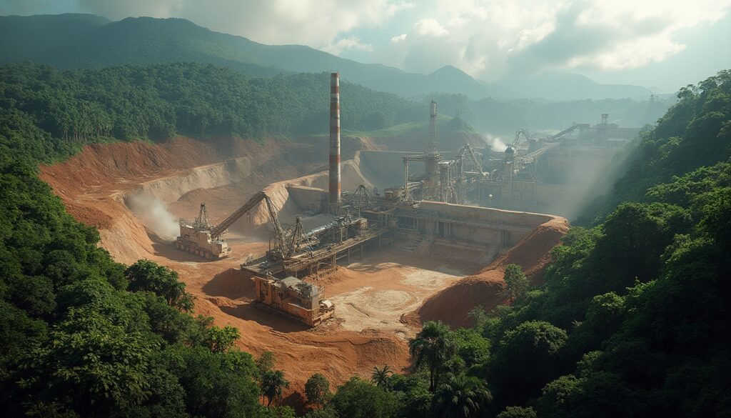 Industrial site nestled in a lush green valley, surrounded by mountains under a cloudy sky.