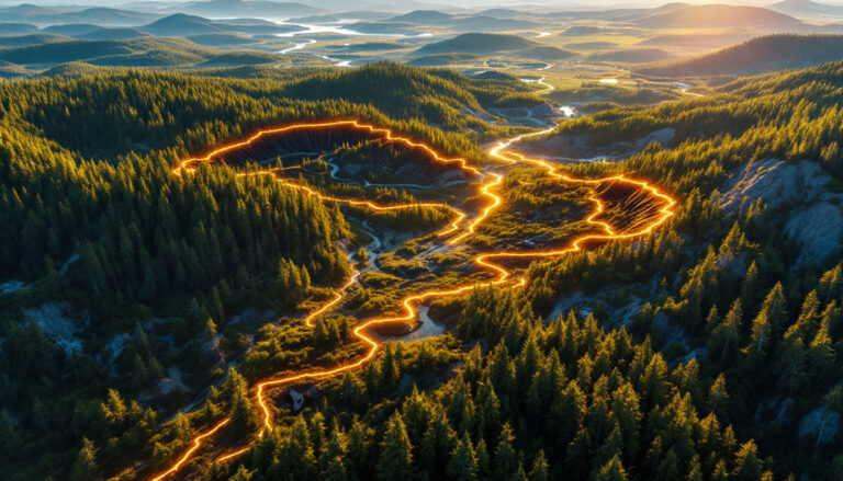 Firetail Resources Ltd-FTL-Aerial view of a forest with a glowing, winding path through dense trees under a setting sun.