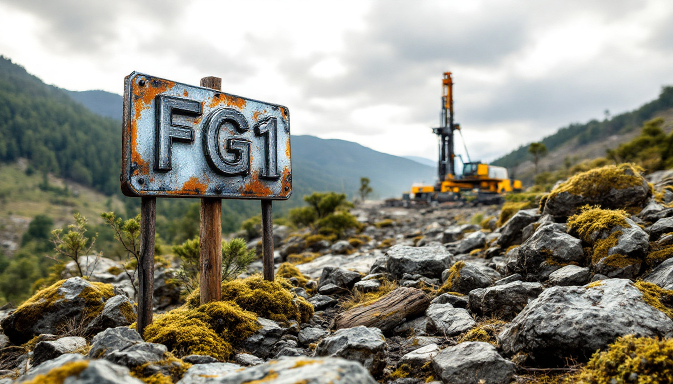 FLYNN Gold Ltd-FG1-Rusty sign "FG1" in rocky landscape with yellow construction machine in background.