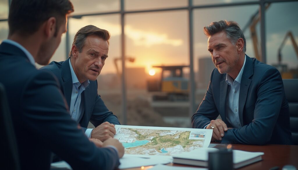 Three men in suits discuss a map at a table, with construction site visible through the window at sunset.