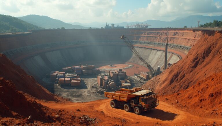 Large open-pit mine with a dump truck and machinery, surrounded by reddish earth and distant hills.