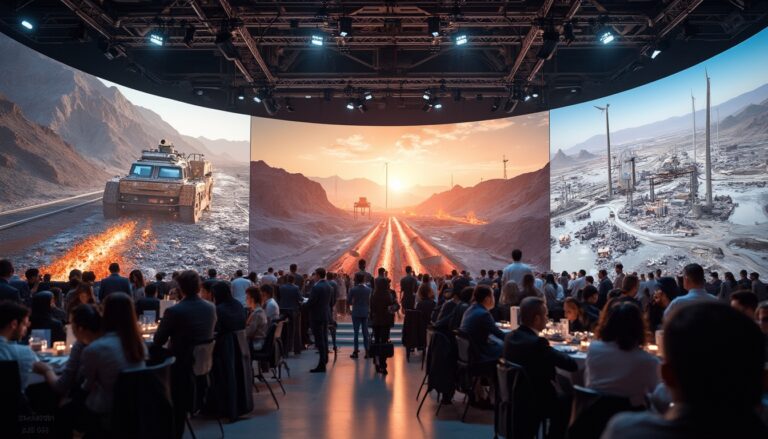 People dining while viewing large futuristic landscape screens.