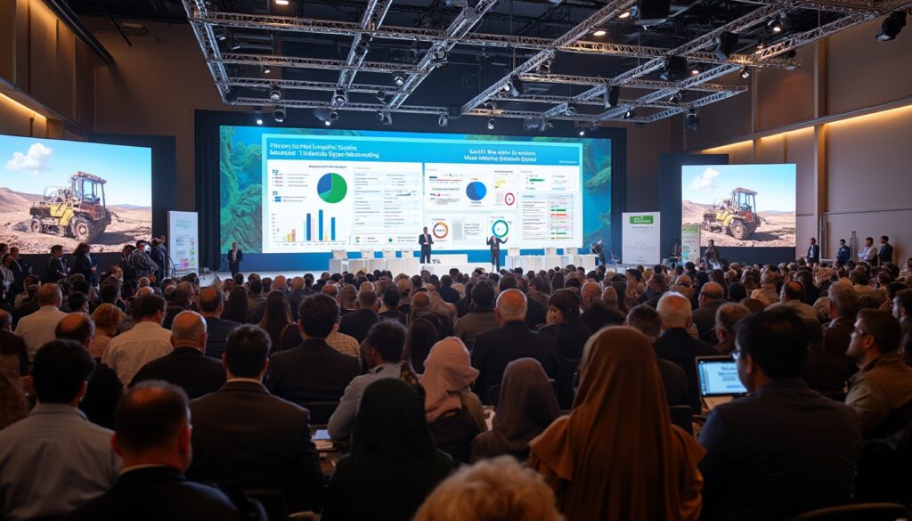 Crowded exhibition with a panoramic desert backdrop and people gathered around illuminated tables.