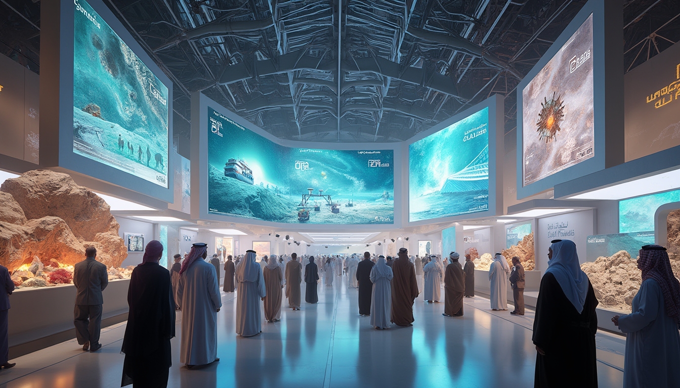 People in traditional attire viewing futuristic displays at an indoor exhibition with large screens.