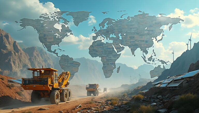 Construction vehicles on a dusty road with a world map silhouette and wind turbines in the background.