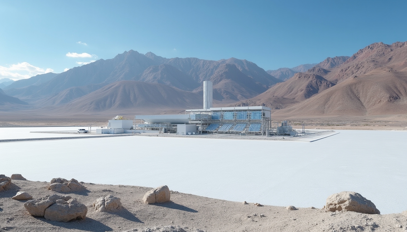 Modern industrial building with solar panels in a desert landscape, mountains in the background.